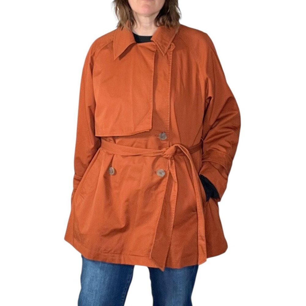 Lattelier Cotton Trench Coat Belted Swing Double Breasted Burnt Orange Large Fal